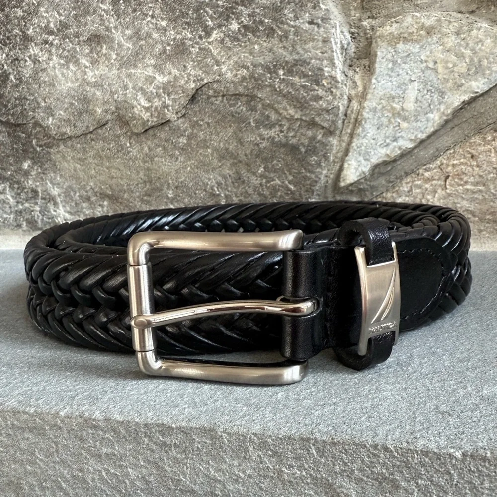 Nautica Men's Black Braided Leather Belt Size 38 Large X-Large Adjustable